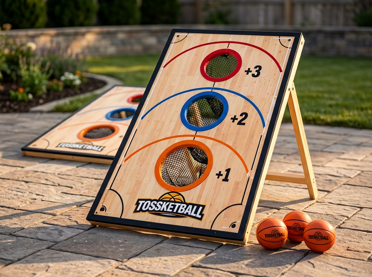 Tossketball plywood boards with red, blue and orange scoring rings, folding legs and mini basketballs on a backyard patio