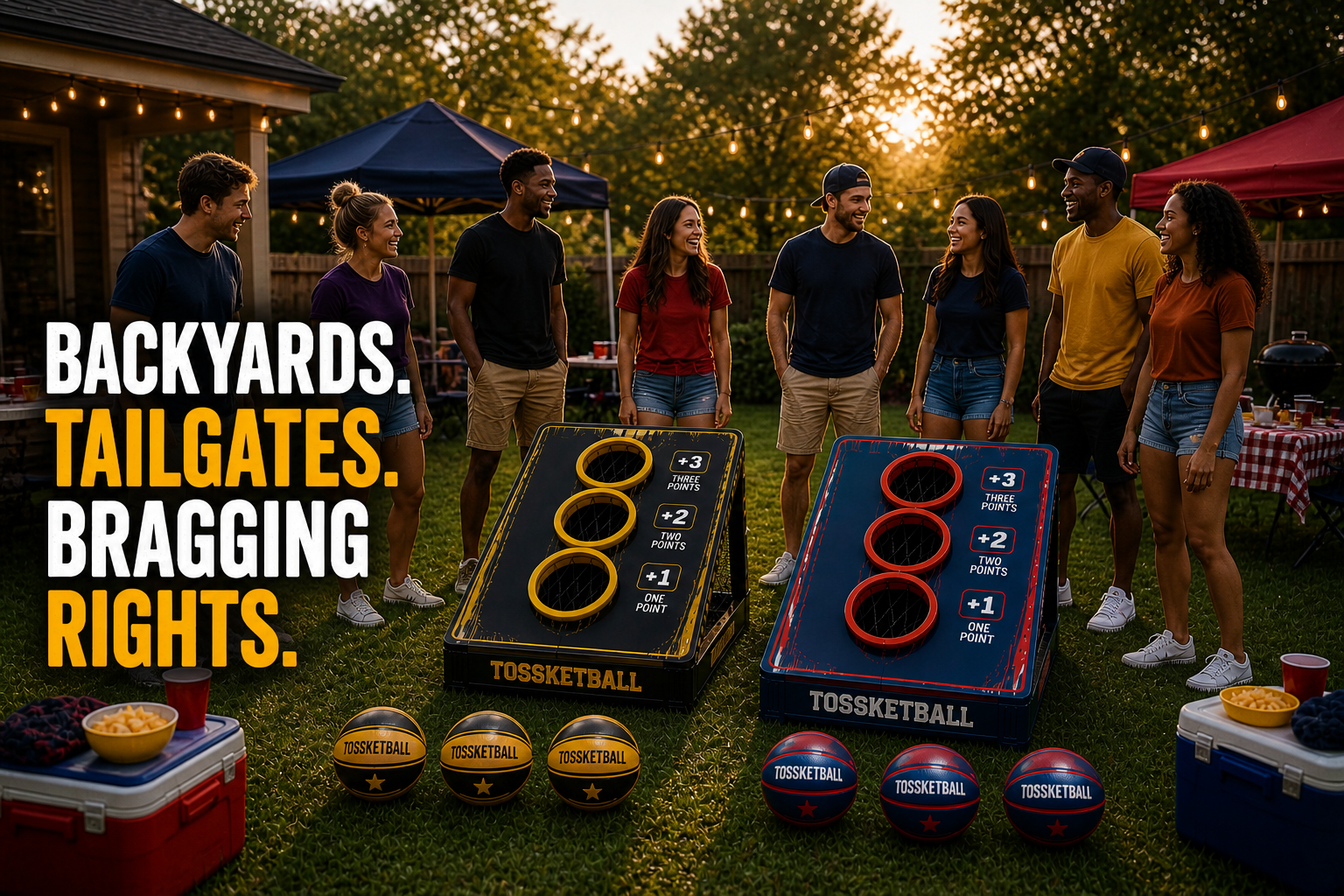 Friends gathered around two Tossketball boards at a backyard tailgate — Backyards. Tailgates. Bragging rights.