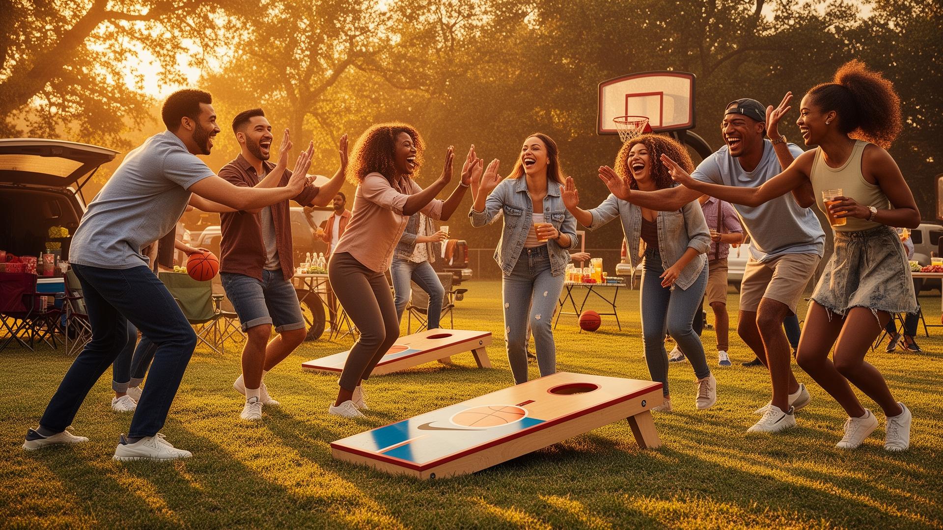 Friends celebrating at a tailgate playing Tossketball