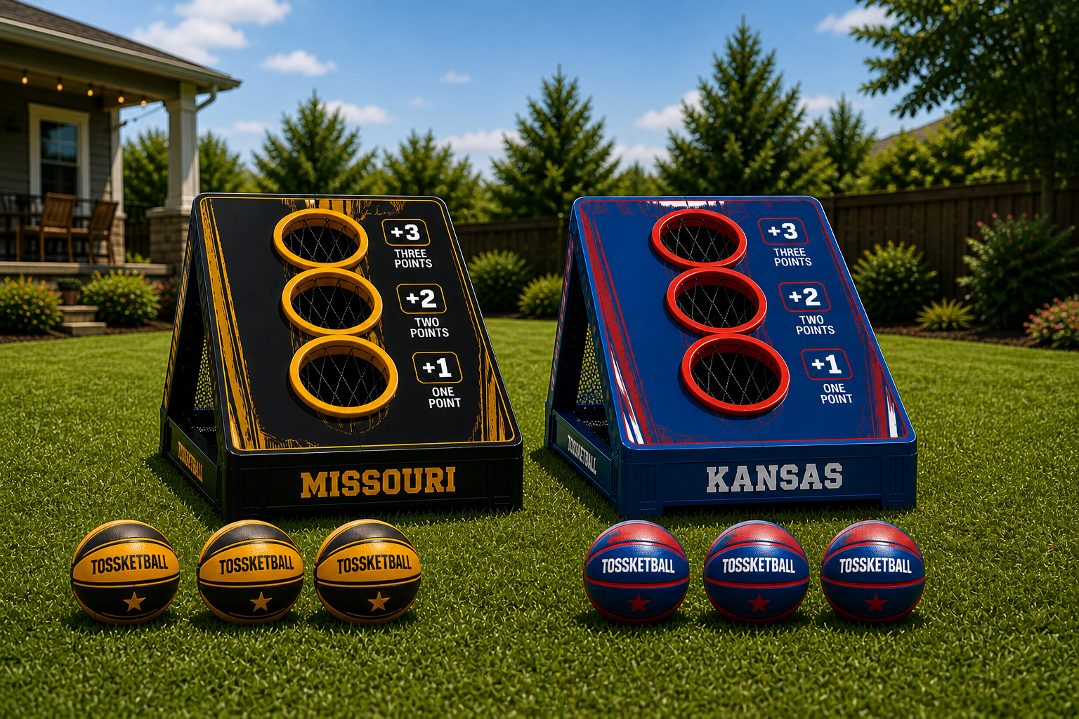 Tossketball board in black and gold with three scoring rims
