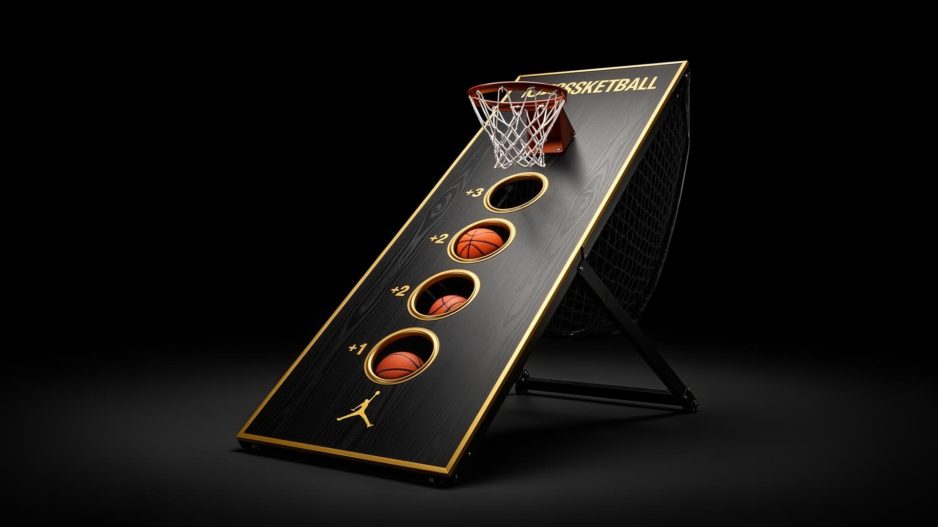 Tossketball board in black and gold with three scoring rims